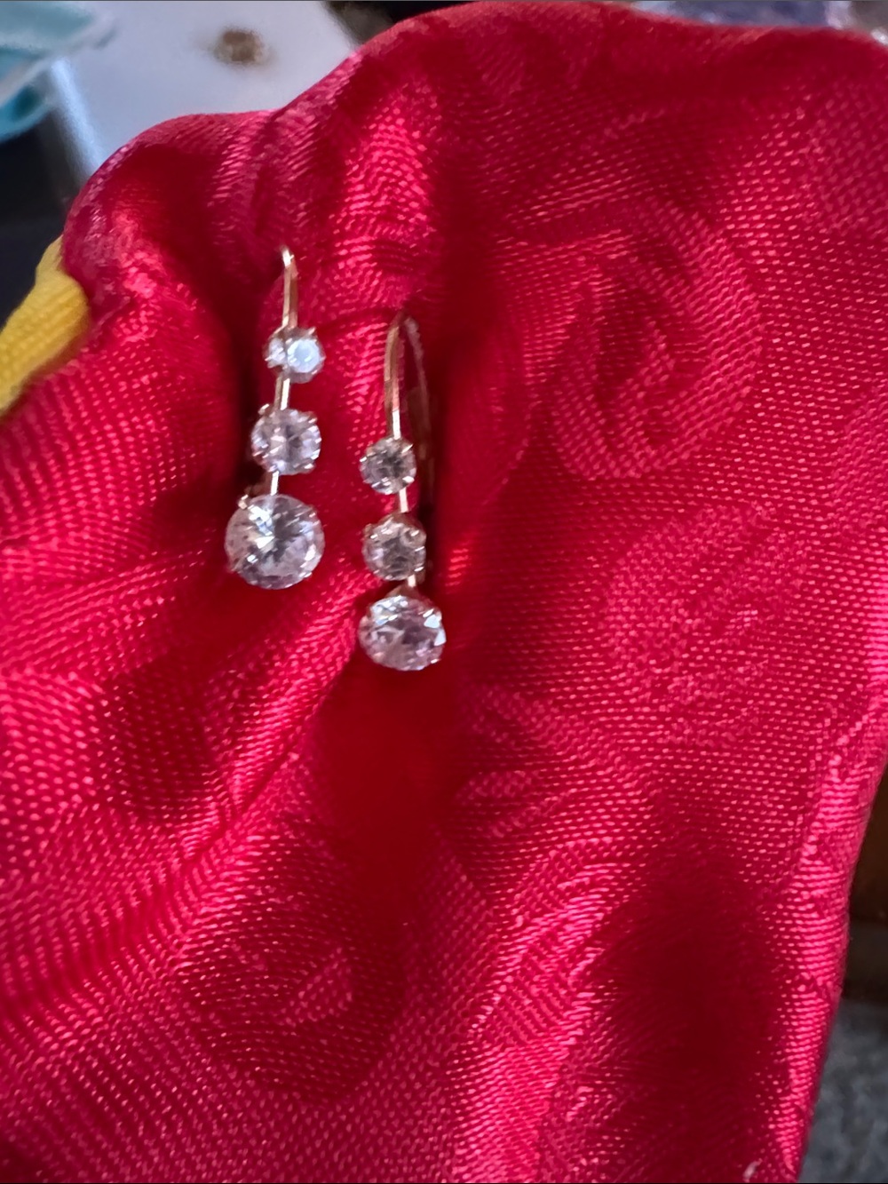 Elegant Three-Stone Drop Earrings - Clear Crystal on Gold Tone